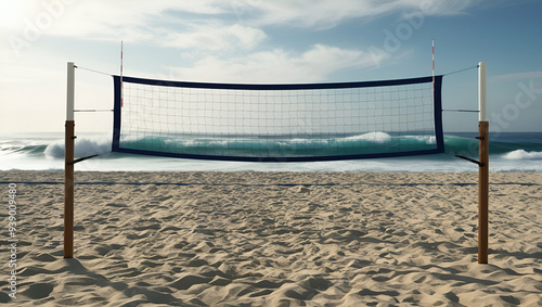 Volleyball court on the sand beach with the volleyball net.