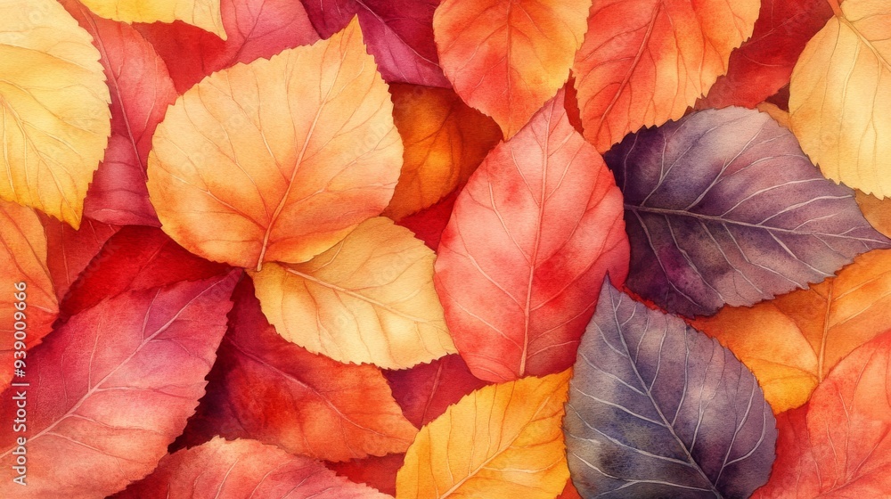 Obraz premium This artwork features a closeup view of diverse autumn leaves in rich hues of red, orange, and yellow, highlighting the beauty of the fall season in nature