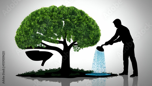 Silhouette of a man watering the tree plant in the shape of the human brain. Mind and knowledge growth concept, creativity and improvement