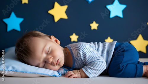 Side view of a beautiful and cute male toddler baby kid sleeping and resting at night in a dark room with blue and yellow glowing stars on the walls