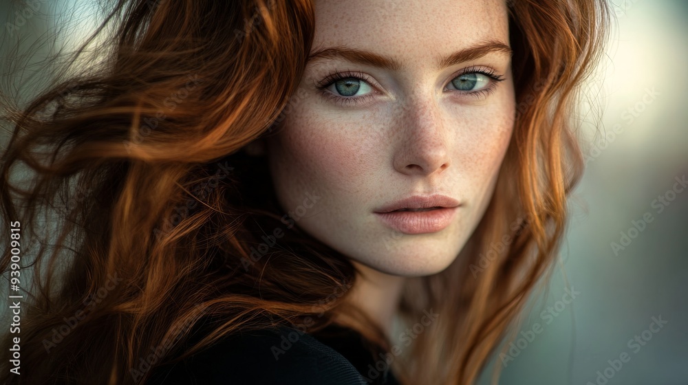 Naklejka premium A glamorous woman with flowing auburn hair and captivating green eyes showcases delicate makeup, embodying elegance and charm during a professional photo session