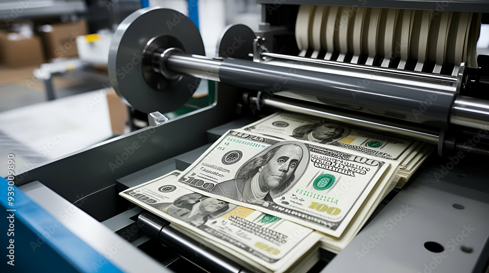 Naklejka premium Money printing press machine in the factory closeup, dollar currency 100 paper bill printer. Monetary industry for financial benefit of the rich and wealthy