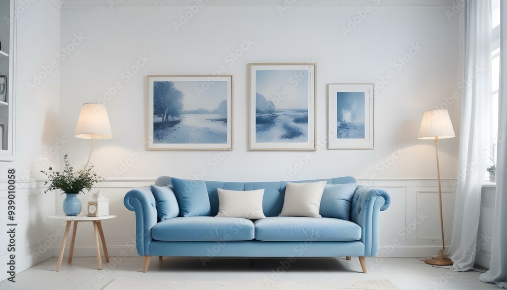 Interior mockup In a white room a blue sofa is placed next to a photo frame on the wall Interior mockup In a white room a blue sofa is placed next to a photo frame on the wall