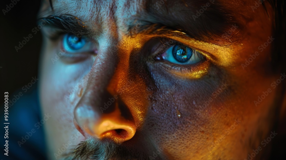 A man gazes thoughtfully with striking blue eyes, illuminated by soft light, reflecting deep emotions and contemplation A man gazes thoughtfully with striking blue eyes, illuminated by soft light, reflecting deep emotions and contemplation