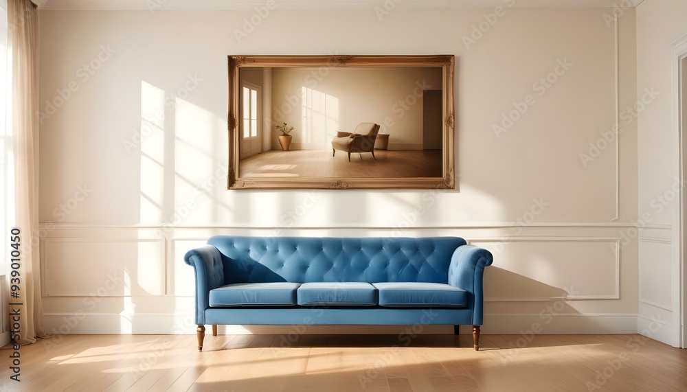Interior mockup In a white room a blue sofa is placed next to a photo frame on the wall Interior mockup In a white room a blue sofa is placed next to a photo frame on the wall