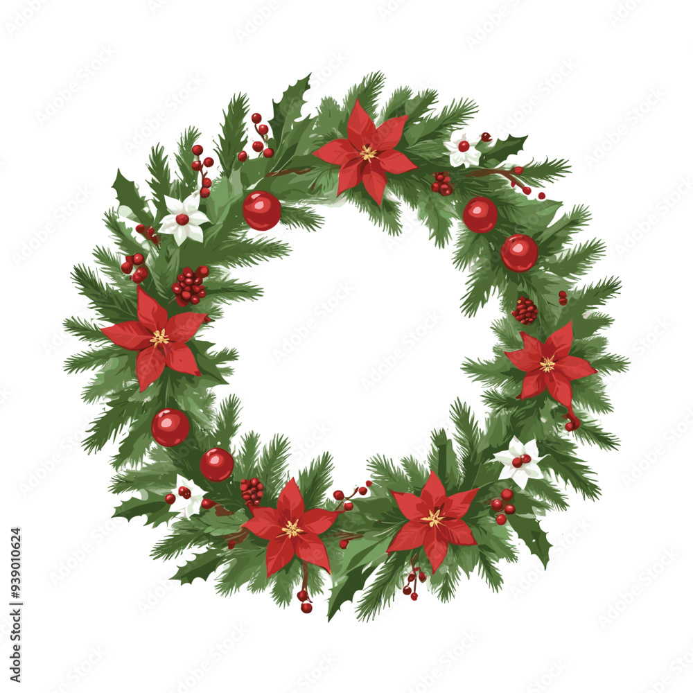 Festive Christmas Wreath with Poinsettias and Holly Festive Christmas Wreath with Poinsettias and Holly