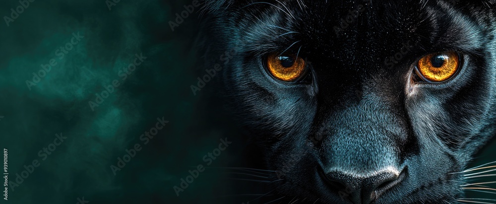 World Animal Day: Panther's Golden Eye on Deep Green Background. World Animal Day: Panther's Golden Eye on Deep Green Background.