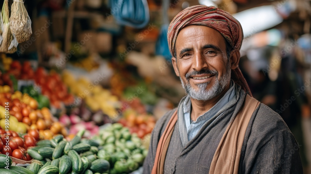 A friendly local man wearing traditional attire smiles at the bustling outdoor vegetable market, surrounded by colorful fruits and vegetables under a lively atmosphere A friendly local man wearing traditional attire smiles at the bustling outdoor vegetable market, surrounded by colorful fruits and vegetables under a lively atmosphere