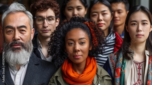 A group of people from various backgrounds stands together, showcasing diversity and community spirit in a city area
