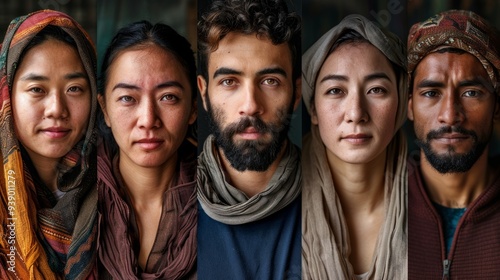 Five individuals showcase their unique cultures in traditional attire, captured in a moody indoor setting