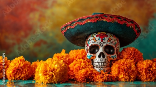 A decorated skull dons a colorful sombrero and is surrounded by bright marigold flowers, capturing the lively spirit of the Day of the Dead celebration in Mexico photo