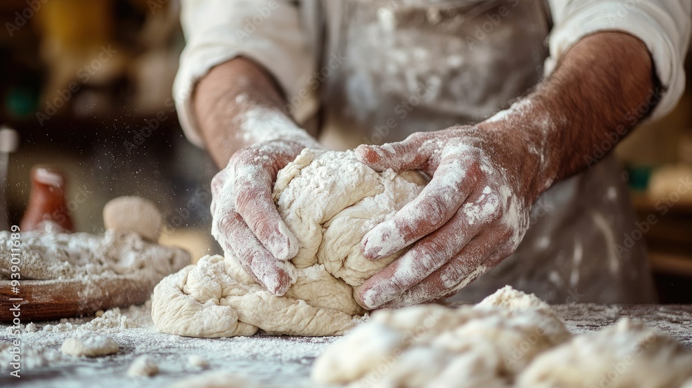 Close-up of a baker kneading dough, hands full of flour. Close-up of a baker kneading dough, hands full of flour.