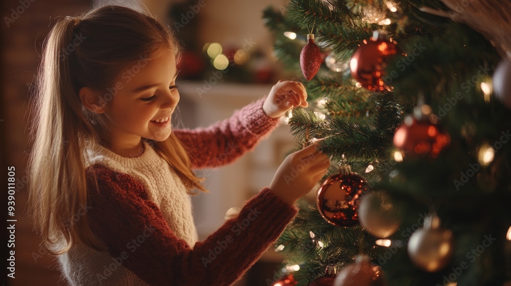 A mother and daughter enjoy a festive afternoon as they happily adorn their Christmas tree with ornaments and lights, creating a warm holiday atmosphere A mother and daughter enjoy a festive afternoon as they happily adorn their Christmas tree with ornaments and lights, creating a warm holiday atmosphere