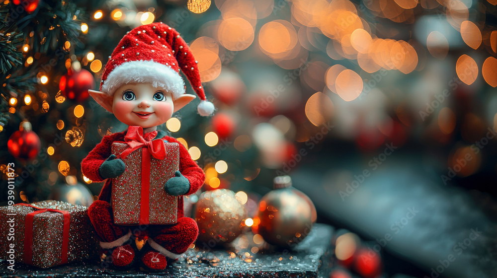 A cheerful elf holding a gift near a beautifully decorated Christmas tree with twinkling lights during the holiday season A cheerful elf holding a gift near a beautifully decorated Christmas tree with twinkling lights during the holiday season