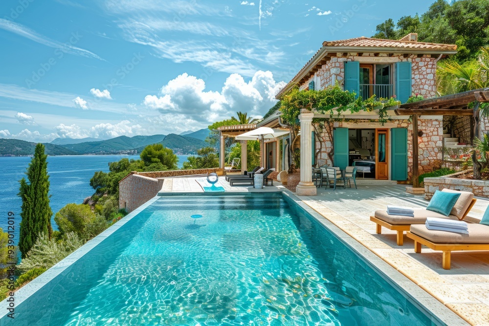 A relaxing villa features an infinity pool and breathtaking views of the Mediterranean coastline and mountains A relaxing villa features an infinity pool and breathtaking views of the Mediterranean coastline and mountains