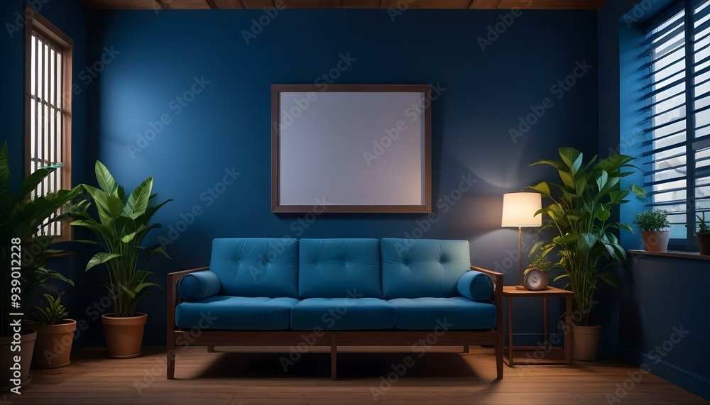Interior mockup In a white room a blue sofa is placed next to a photo frame on the wall Interior mockup In a white room a blue sofa is placed next to a photo frame on the wall