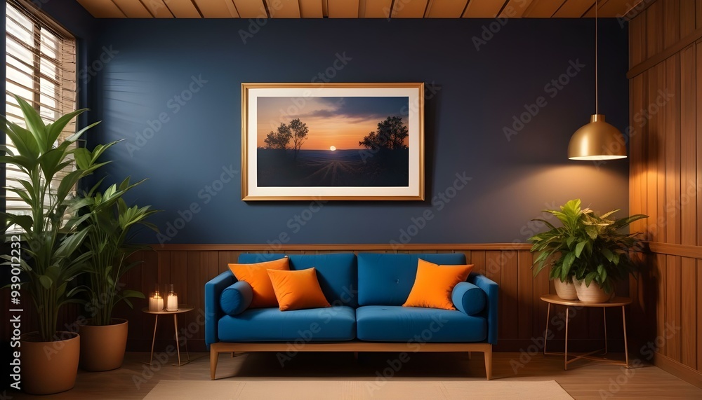 Interior mockup In a white room a blue sofa is placed next to a photo frame on the wall Interior mockup In a white room a blue sofa is placed next to a photo frame on the wall