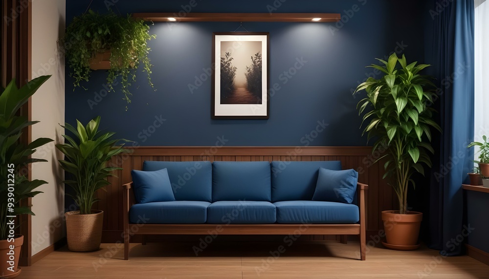 Interior mockup In a white room a blue sofa is placed next to a photo frame on the wall Interior mockup In a white room a blue sofa is placed next to a photo frame on the wall