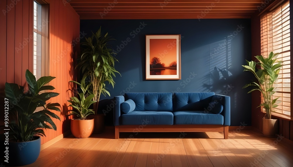 Interior mockup In a white room a blue sofa is placed next to a photo frame on the wall Interior mockup In a white room a blue sofa is placed next to a photo frame on the wall