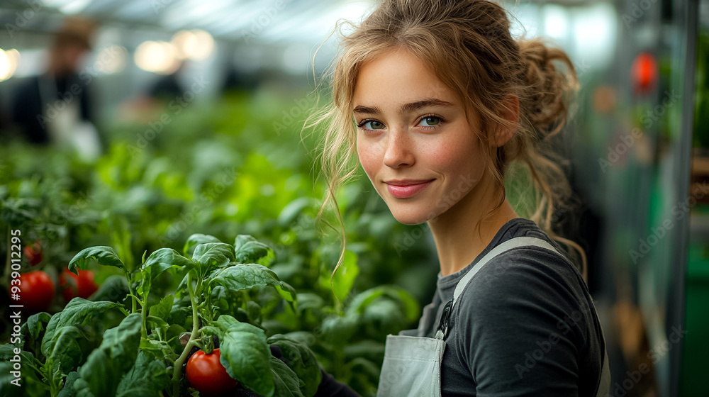 A woman is standing in a greenhouse with a basket of tomatoes A woman is standing in a greenhouse with a basket of tomatoes