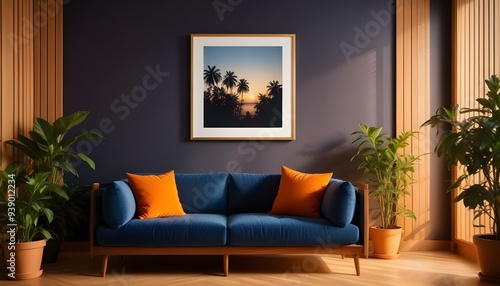 Interior mockup In a white room a blue sofa is placed next to a photo frame on the wall