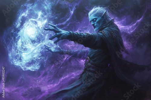 ancient drow sorcerer manipulating a swirling vortex of blue energy in a dark, mystical environment surrounded by powerful magic