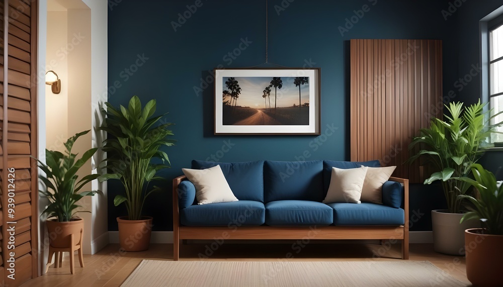 Interior mockup In a white room a blue sofa is placed next to a photo frame on the wall Interior mockup In a white room a blue sofa is placed next to a photo frame on the wall