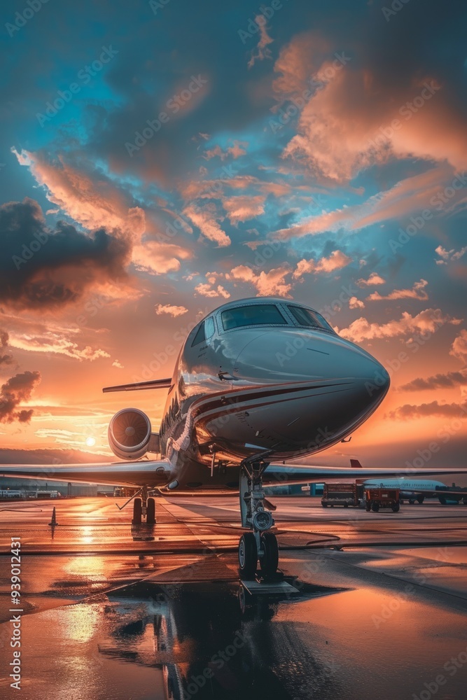 A private jet stands by on the runway as the sun sets, casting colorful reflections on the wet ground A private jet stands by on the runway as the sun sets, casting colorful reflections on the wet ground