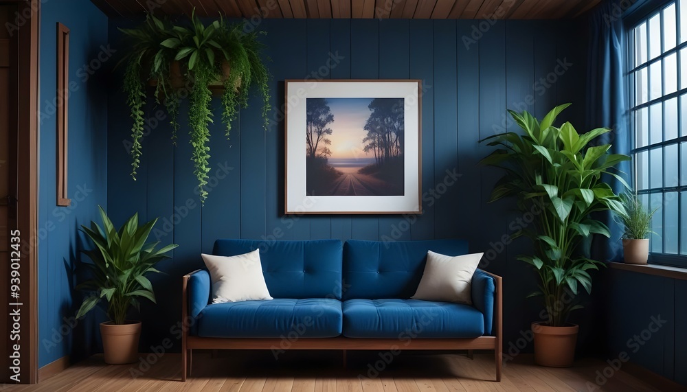 Interior mockup In a white room a blue sofa is placed next to a photo frame on the wall Interior mockup In a white room a blue sofa is placed next to a photo frame on the wall