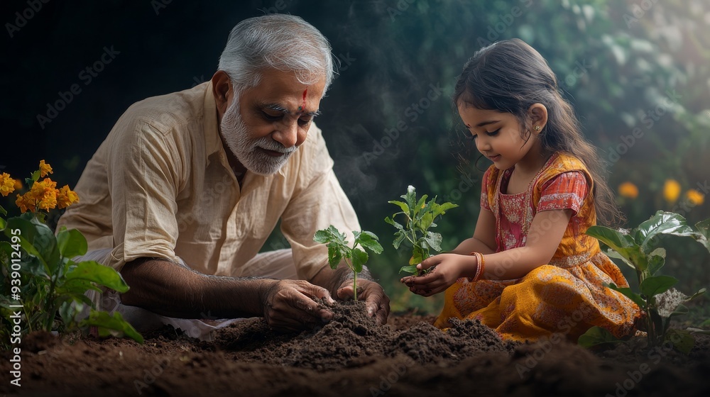Fototapeta premium A grandfather and his young granddaughter are kneeling together, carefully planting a seedling in the rich soil of their garden, sharing a moment of connection and learning