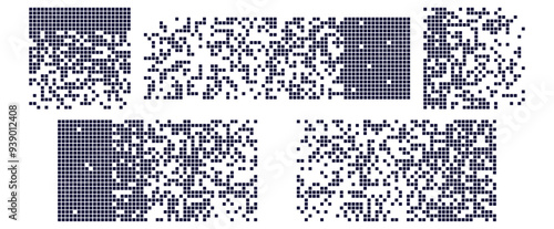 Pixel disintegration background with decay effect. Design featuring dispersed square particles creating a disintegration look. Set of pixel mosaic textures on a white background. Vector illustration.