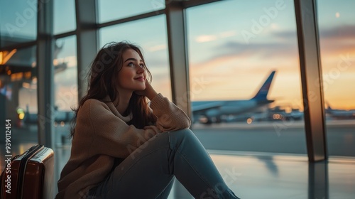 A young woman sits in an airport hall during sunset, enjoying a moment of reflection. Her expression is serene as she gazes out the window, a suitcase resting beside her