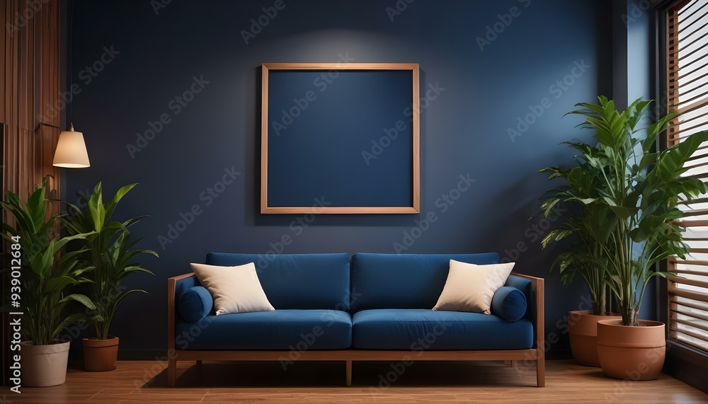 Interior mockup In a white room a blue sofa is placed next to a photo frame on the wall Interior mockup In a white room a blue sofa is placed next to a photo frame on the wall