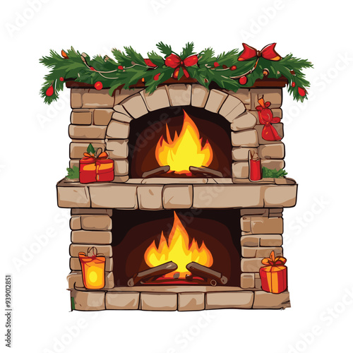 Festive Stone Fireplace with Holiday Decor and Flames