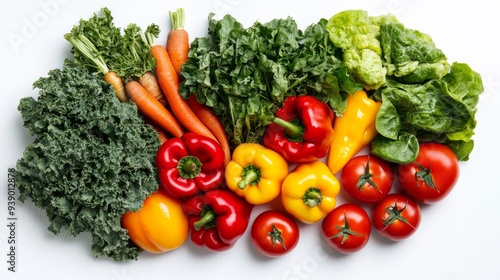 A vibrant collection of fresh vegetables showcases ripe tomatoes, bright peppers, leafy greens, and crunchy carrots arranged in an appealing topdown layout