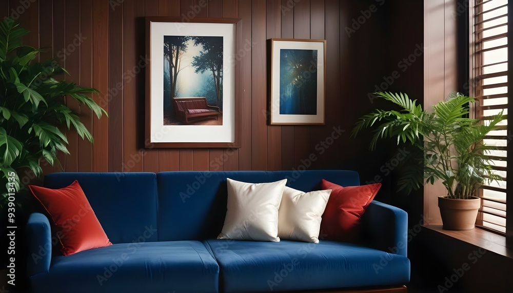 Interior mockup In a white room a blue sofa is placed next to a photo frame on the wall Interior mockup In a white room a blue sofa is placed next to a photo frame on the wall