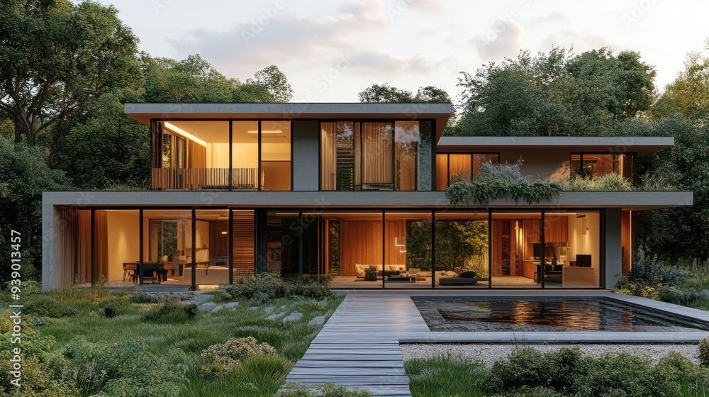 A modern house in the countryside, built with sustainable materials and renewable energy sources, designed for zero carbon living. A modern house in the countryside, built with sustainable materials and renewable energy sources, designed for zero carbon living.