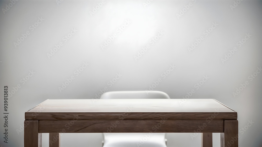 A wooden table with a white chair in front of a white wall A wooden table with a white chair in front of a white wall