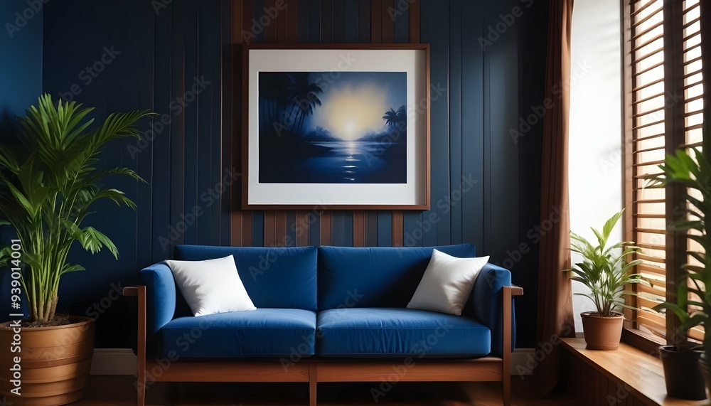 Interior mockup In a white room a blue sofa is placed next to a photo frame on the wall Interior mockup In a white room a blue sofa is placed next to a photo frame on the wall