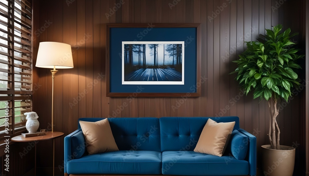 Interior mockup In a white room a blue sofa is placed next to a photo frame on the wall Interior mockup In a white room a blue sofa is placed next to a photo frame on the wall