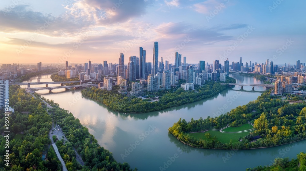 Obraz premium This stunning urban skyline showcases towering highrise buildings reflecting the warm sunset, with lush green parks lining the riverbanks and expansive bridges connecting the city