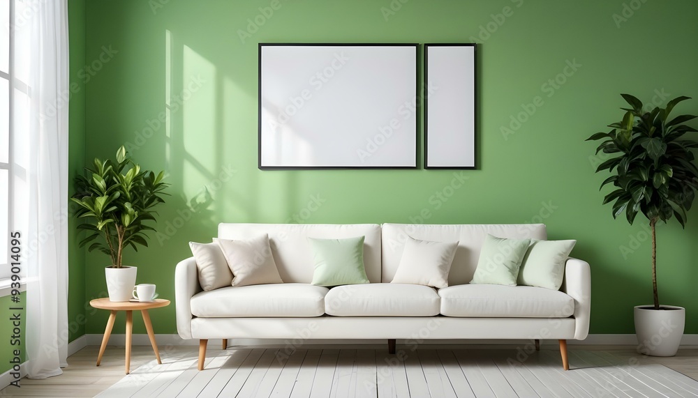 Interior mockup In a white room a blue sofa is placed next to a photo frame on the wall Interior mockup In a white room a blue sofa is placed next to a photo frame on the wall