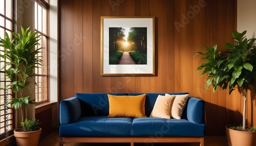 Interior mockup In a white room a blue sofa is placed next to a photo frame on the wall