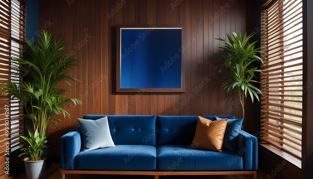 Interior mockup In a white room a blue sofa is placed next to a photo frame on the wall Interior mockup In a white room a blue sofa is placed next to a photo frame on the wall