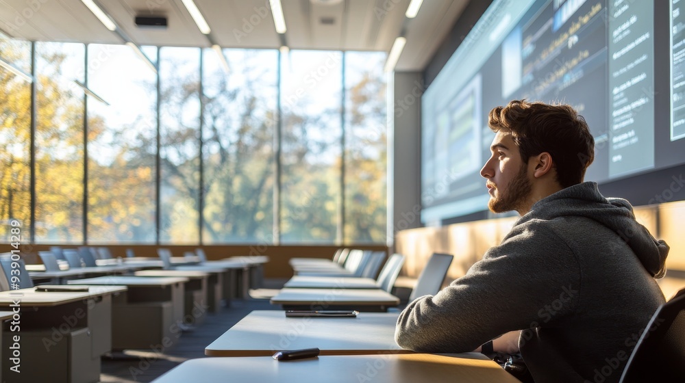 A male university student sits attentively in a contemporary classroom, engaged in learning amid bright sunlight streaming through large windows A male university student sits attentively in a contemporary classroom, engaged in learning amid bright sunlight streaming through large windows