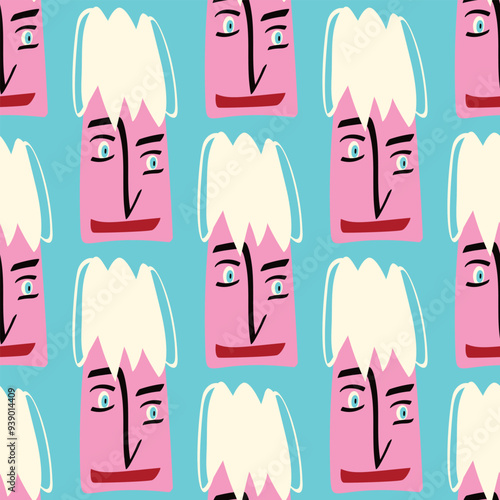 Pattern with Funky freaky cute face. comic face pattern in modern doodle style