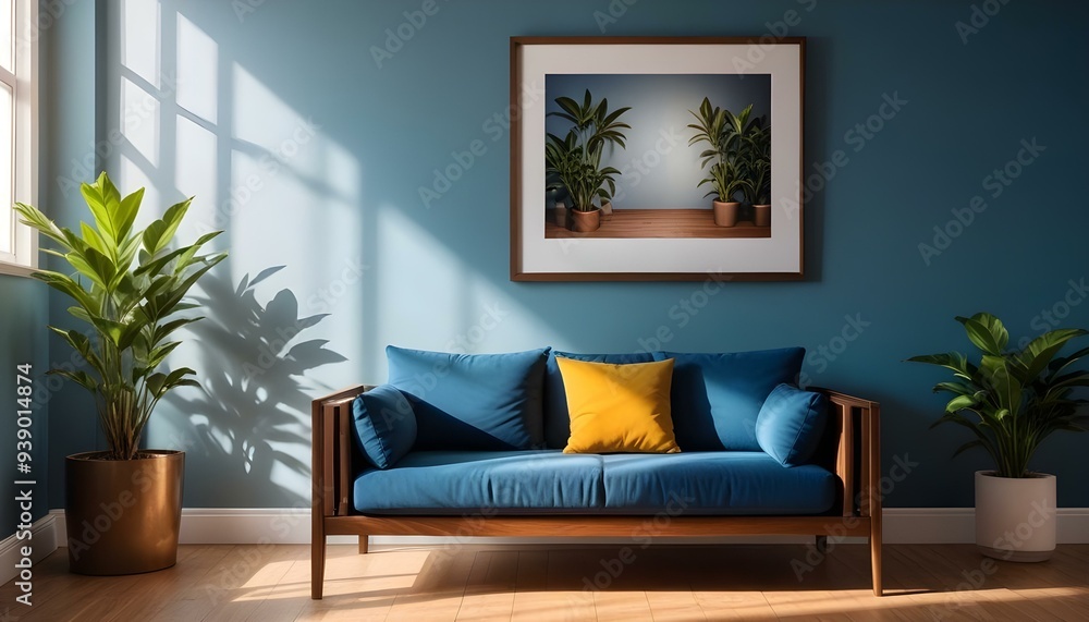 Interior mockup In a white room a blue sofa is placed next to a photo frame on the wall Interior mockup In a white room a blue sofa is placed next to a photo frame on the wall