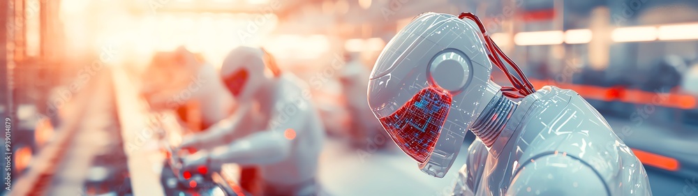 A futuristic workspace featuring advanced robotic arms enhancing efficiency in a manufacturing environment. A futuristic workspace featuring advanced robotic arms enhancing efficiency in a manufacturing environment.