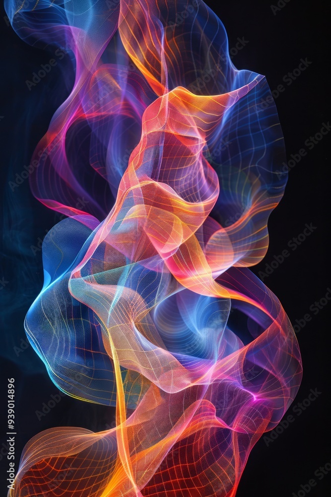 Vibrant waves of colored light intertwine against a dark background, forming an enchanting and dreamy display Vibrant waves of colored light intertwine against a dark background, forming an enchanting and dreamy display