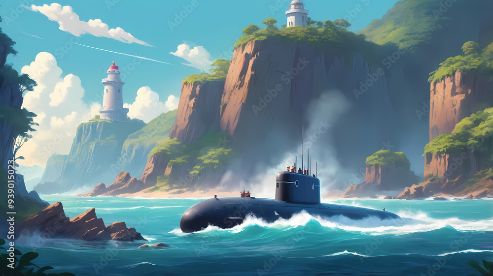 Fototapeta premium A nuclear submarine sails past a small rocky island on which a large lighthouse rises